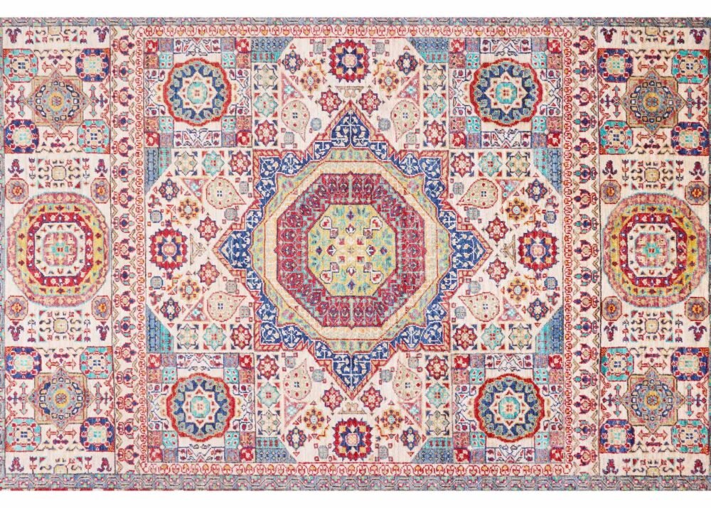 Premium Traditional Memluk Beige Rug with Red Border 5.5x7 ft