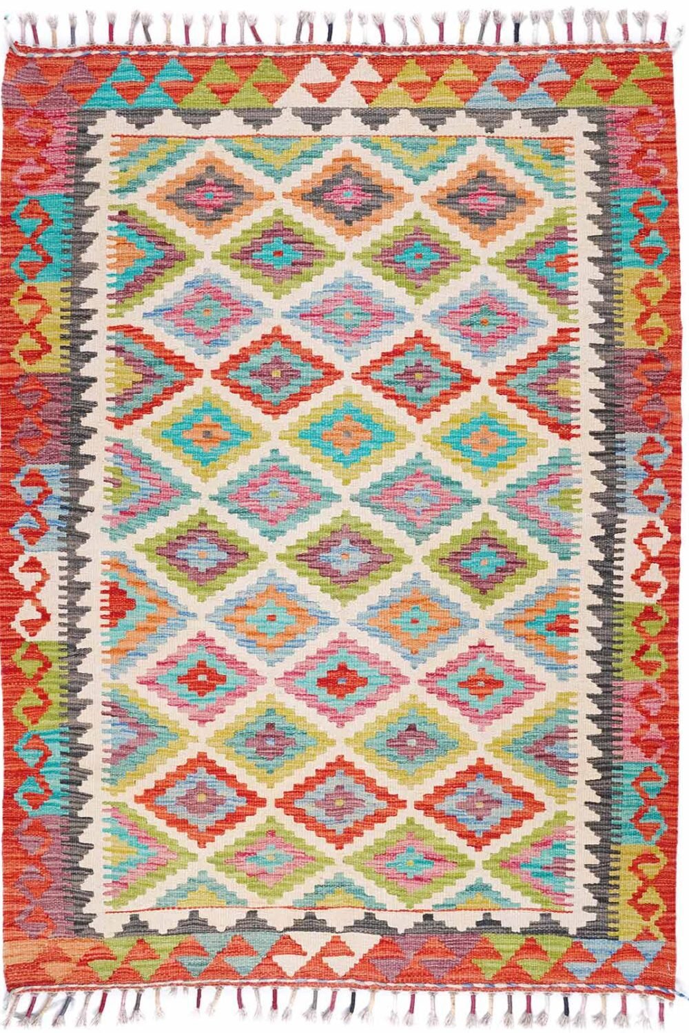 Red and Green Outdoor Rug Wool Kilim Handwoven 4.7x3 ft