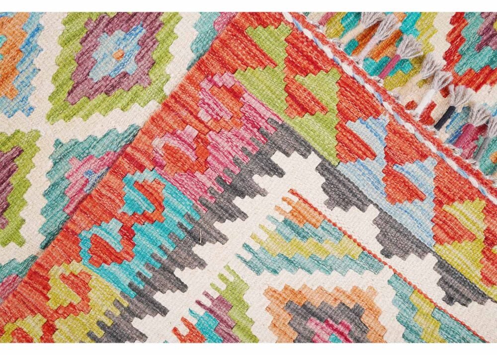Red and Green Outdoor Rug Wool Kilim Handwoven 4.7x3 ft
