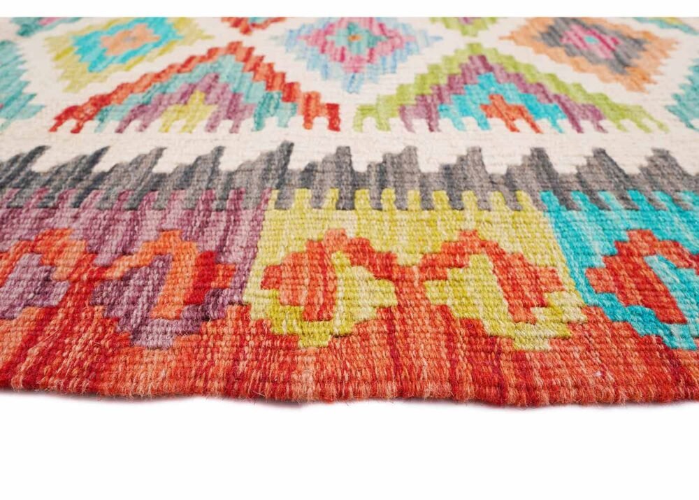 Red and Green Outdoor Rug Wool Kilim Handwoven 4.7x3 ft