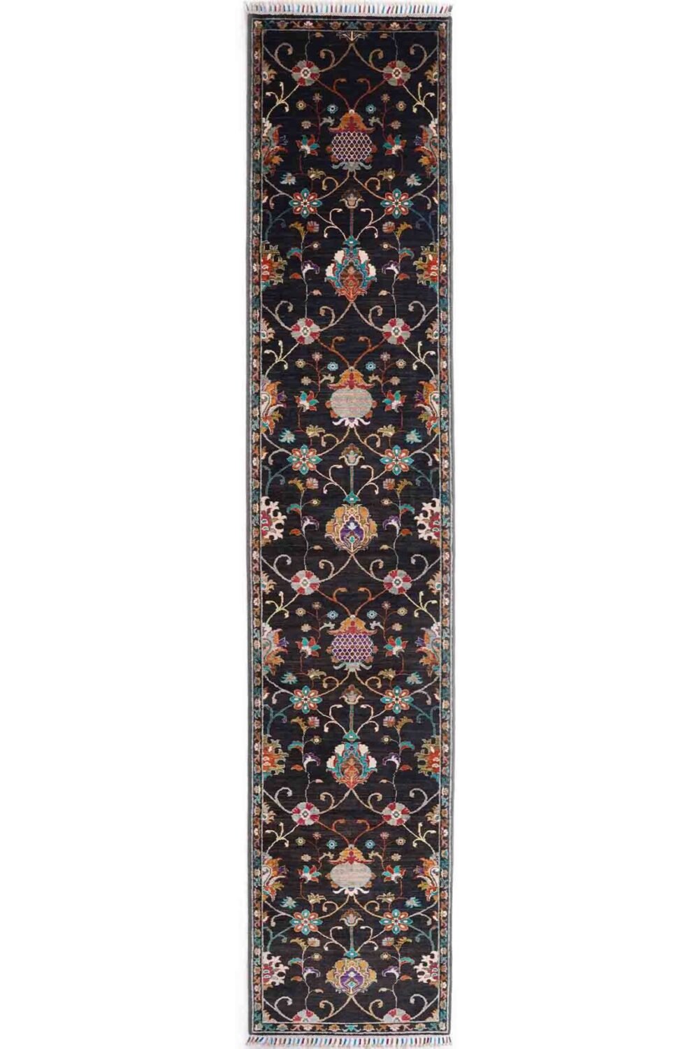 Sultani Floral Hand-Knotted Black Runner Rug for Hallway, Kitchen, Corridor - 12.8x2.5 ft