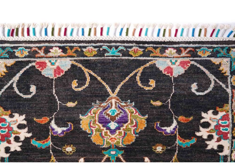 Sultani Floral Hand-Knotted Black Runner Rug for Hallway, Kitchen, Corridor - 12.8x2.5 ft