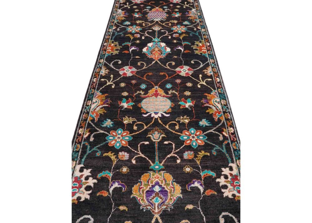 Sultani Floral Hand-Knotted Black Runner Rug for Hallway, Kitchen, Corridor - 12.8x2.5 ft