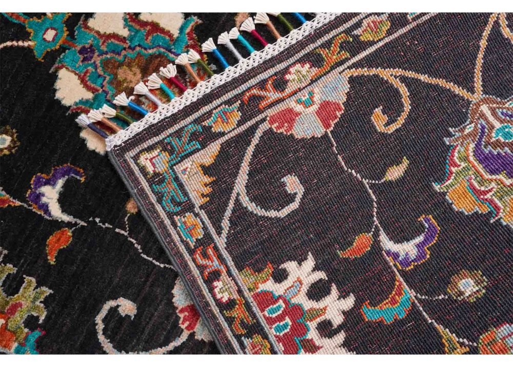 Sultani Floral Hand-Knotted Black Runner Rug for Hallway, Kitchen, Corridor - 12.8x2.5 ft