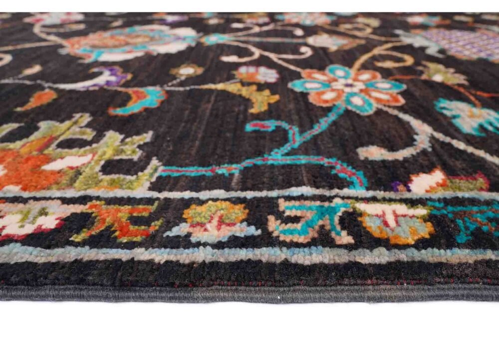 Sultani Floral Hand-Knotted Black Runner Rug for Hallway, Kitchen, Corridor - 12.8x2.5 ft