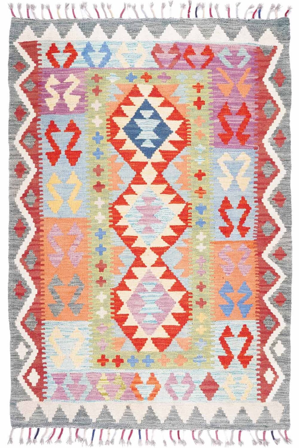 Totally Handwoven with Wool Grey and Red Area Rug Kilim 5x3 ft