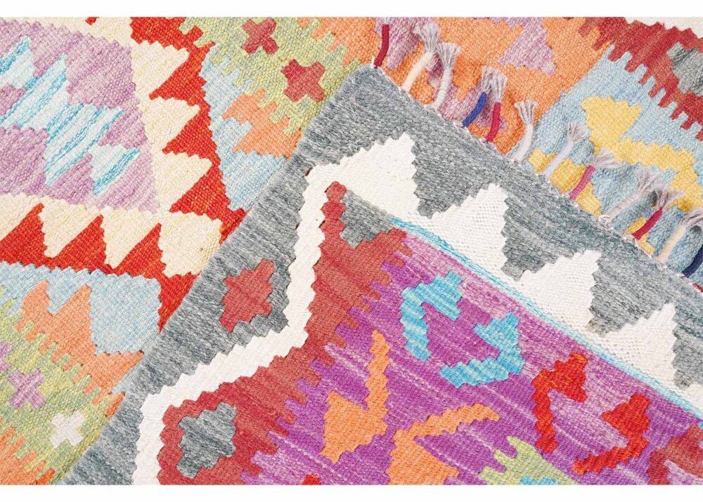 Totally Handwoven with Wool Grey and Red Area Rug Kilim 5x3 ft