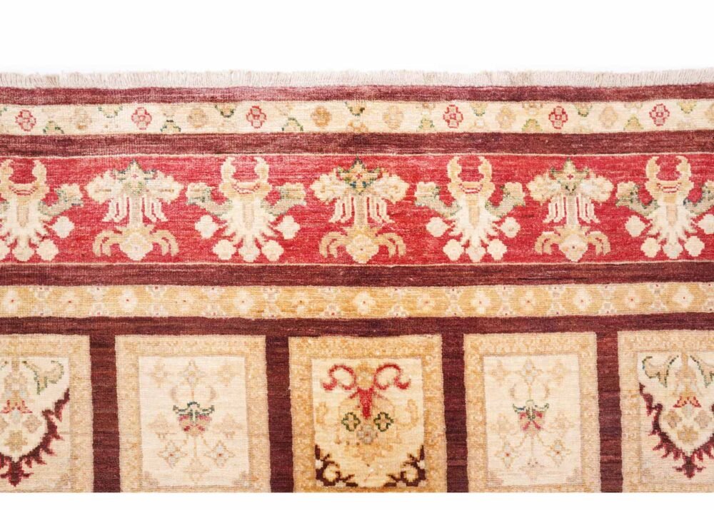 Traditional Beige Checkered Rug 7.6x5.5 ft Hand-Knotted 1001 Bilicik