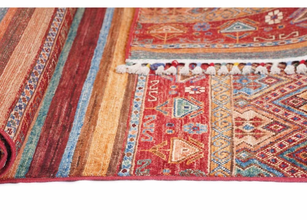 Traditional Hand-Knotted 5x3 Outdoor Rug in Orange and Red with Striped Pattern for Elegant Spaces