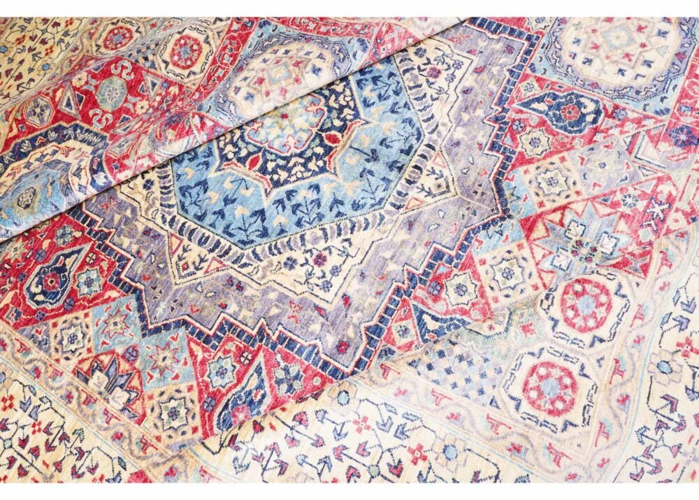 Traditional Memluk Geometric Pattern Beige Red Rug 9.7x6.6 ft