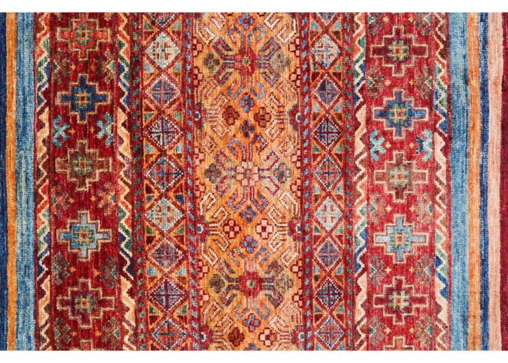 Traditional Ruggable Rugs - Hand-Knotted Red and Rainbow Striped Traditional for Elegance 5x3.4 ft