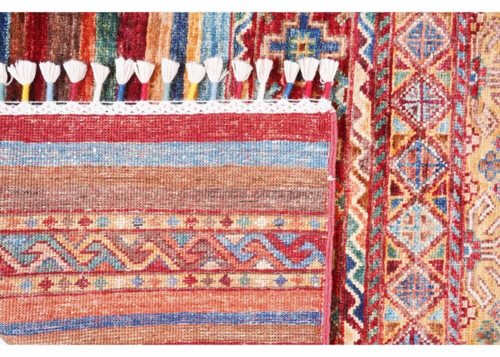 Traditional Ruggable Rugs - Hand-Knotted Red and Rainbow Striped Traditional for Elegance 5x3.4 ft