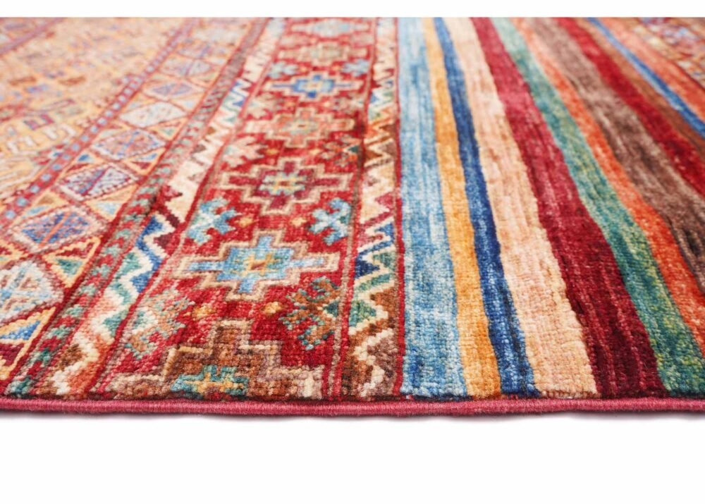 Traditional Ruggable Rugs - Hand-Knotted Red and Rainbow Striped Traditional for Elegance 5x3.4 ft
