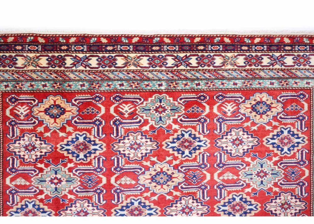 Traditional Sherwan Dining Area Rug - Hand-Knotted 7.2x5.9 ft Red-Blue