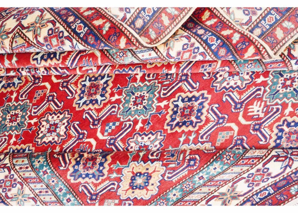 Traditional Sherwan Dining Area Rug - Hand-Knotted 7.2x5.9 ft Red-Blue