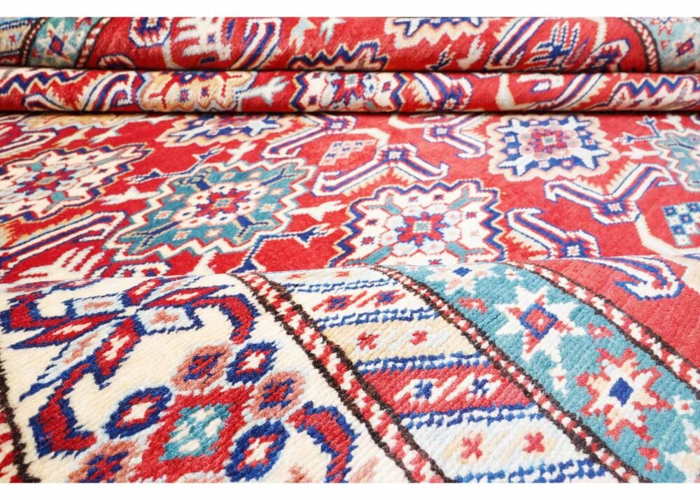Traditional Sherwan Dining Area Rug - Hand-Knotted 7.2x5.9 ft Red-Blue