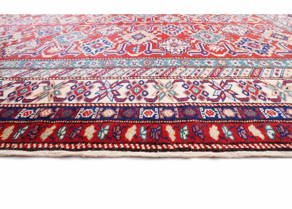 Traditional Sherwan Dining Area Rug - Hand-Knotted 7.2x5.9 ft Red-Blue