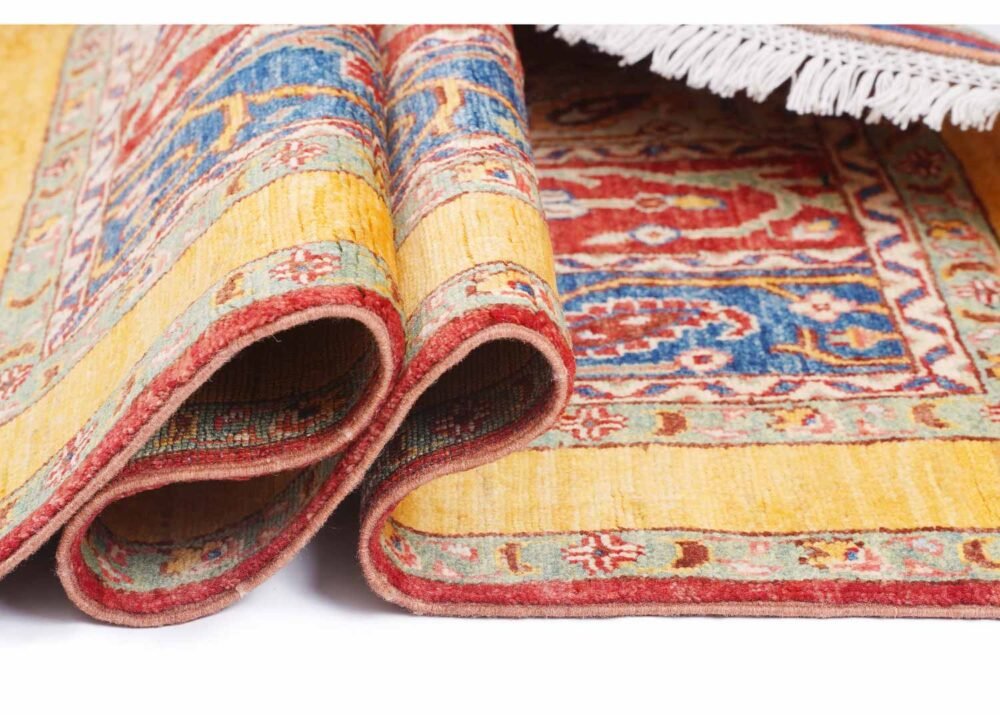 Traditional Yellow and Red Hand-Knotted Oriental Rug Wool & Wool 4.7x3.4 ft