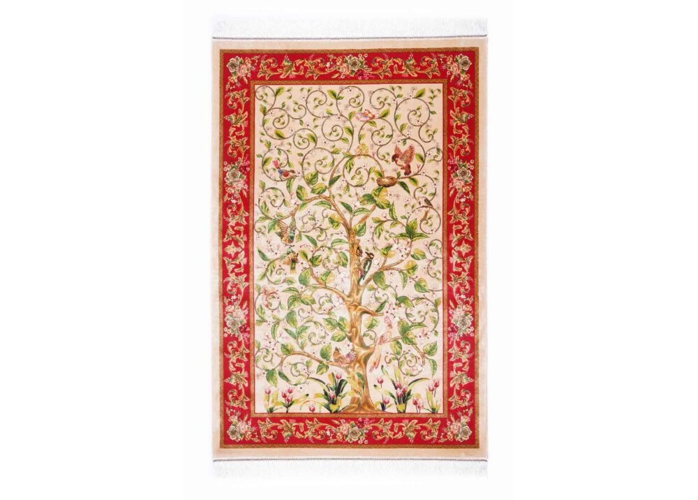Beige-Red Tree Area Rug Medallion 3.2x4.9 ft Bamboo Silk - Rugs 1