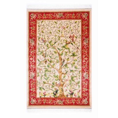 Beige-Red Tree Area Rug Medallion 3.2x4.9 ft Bamboo Silk - Rugs 1