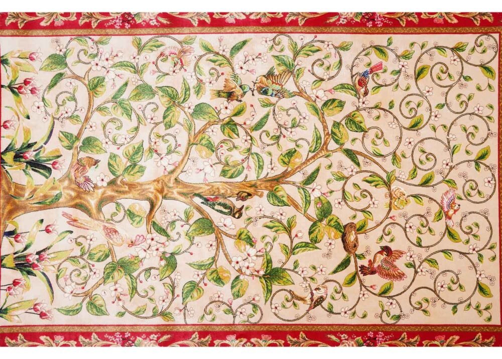 Beige-Red Tree Area Rug Medallion 3.2x4.9 ft Bamboo Silk - Rugs 1