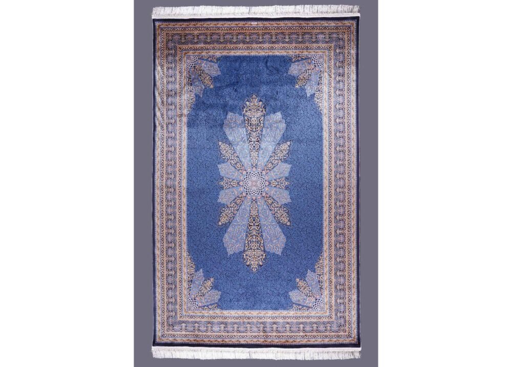 Large Blue Area Rug Oriental Medallion 6.5x9.8 ft Bamboo Silk - Rugs 1