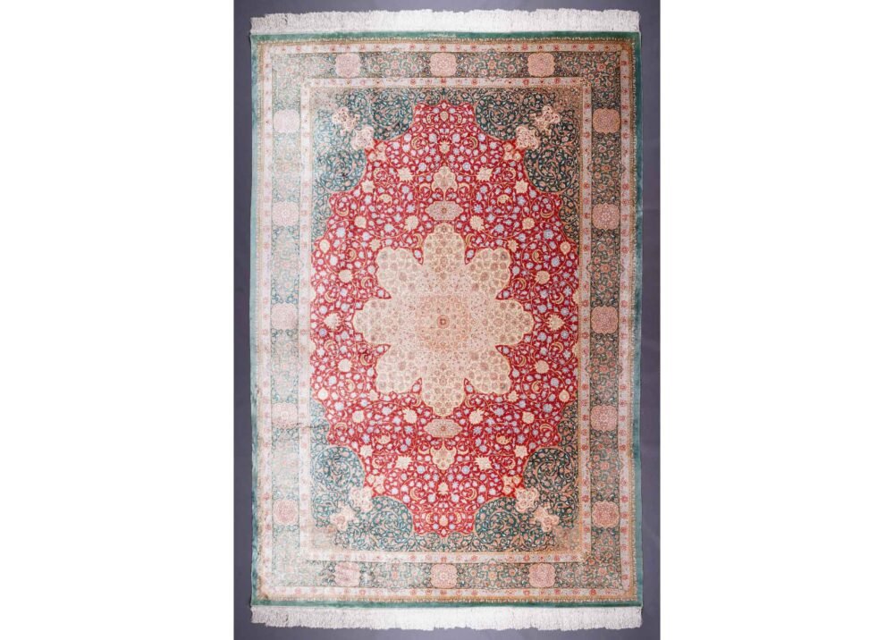 Medallion Green and Red Area Rug 9.7x6.7 ft Bamboo Silk - Rugs 1