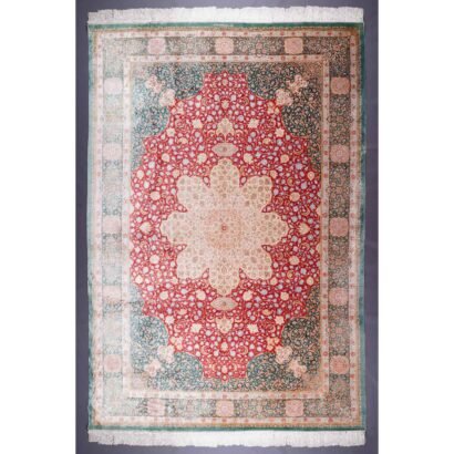Medallion Green and Red Area Rug 9.7x6.7 ft Bamboo Silk - Rugs 1