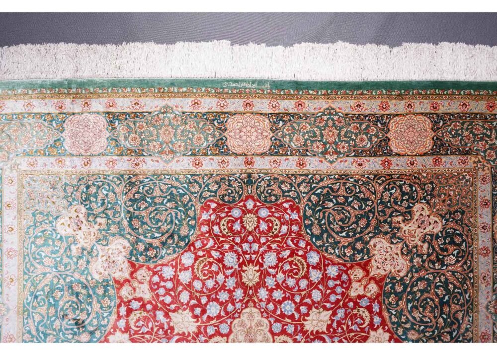 Medallion Green and Red Area Rug 9.7x6.7 ft Bamboo Silk - Rugs 1