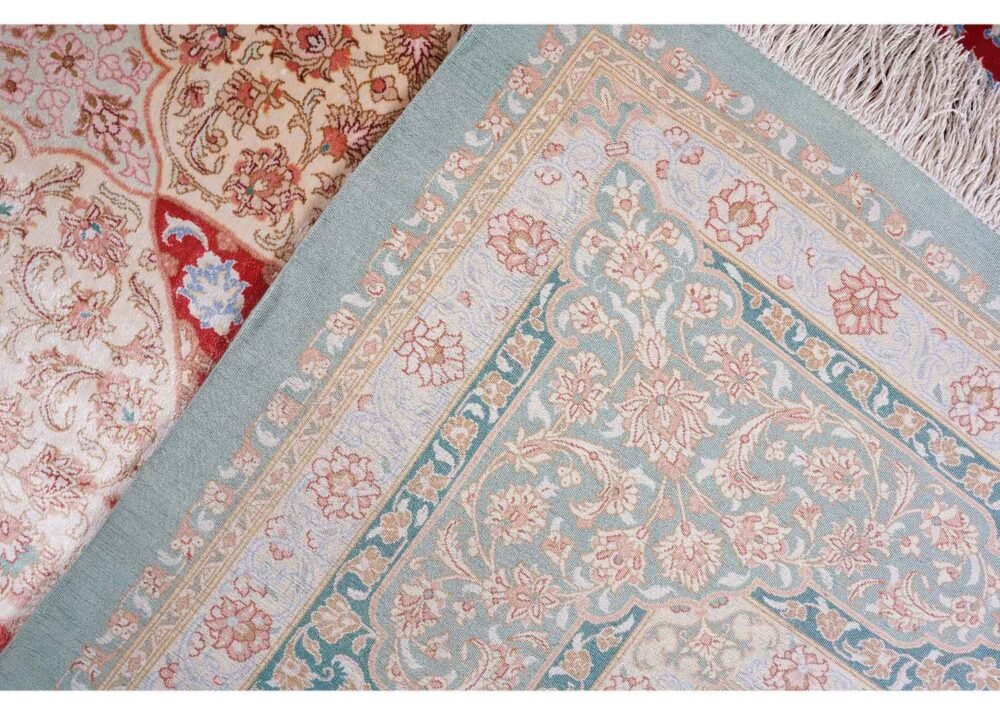 Medallion Green and Red Area Rug 9.7x6.7 ft Bamboo Silk - Rugs 1