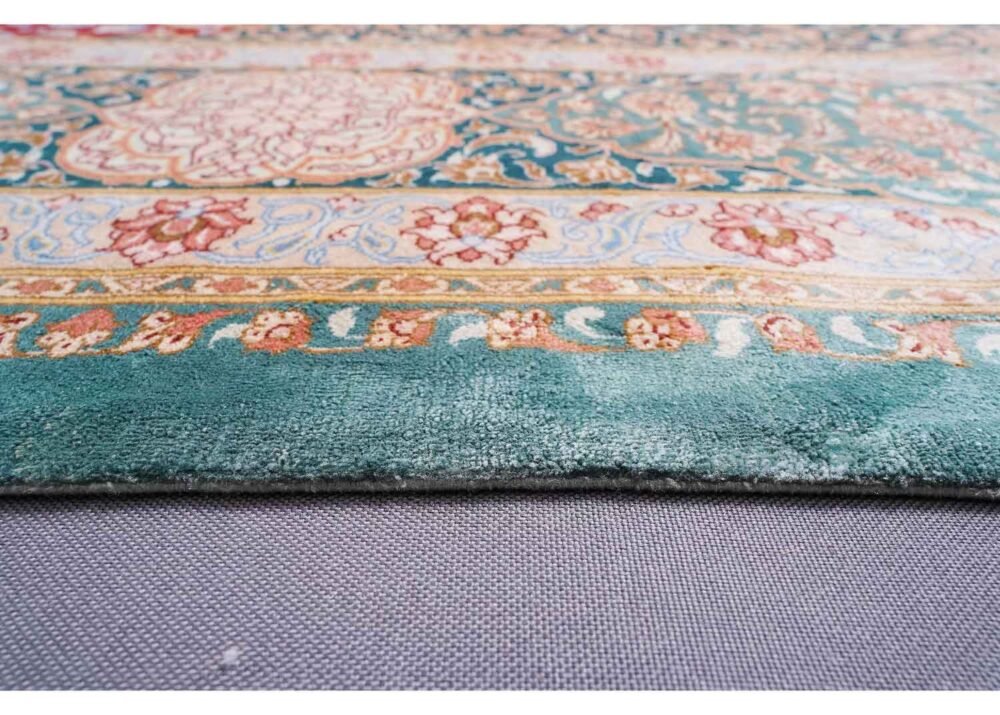 Medallion Green and Red Area Rug 9.7x6.7 ft Bamboo Silk - Rugs 1