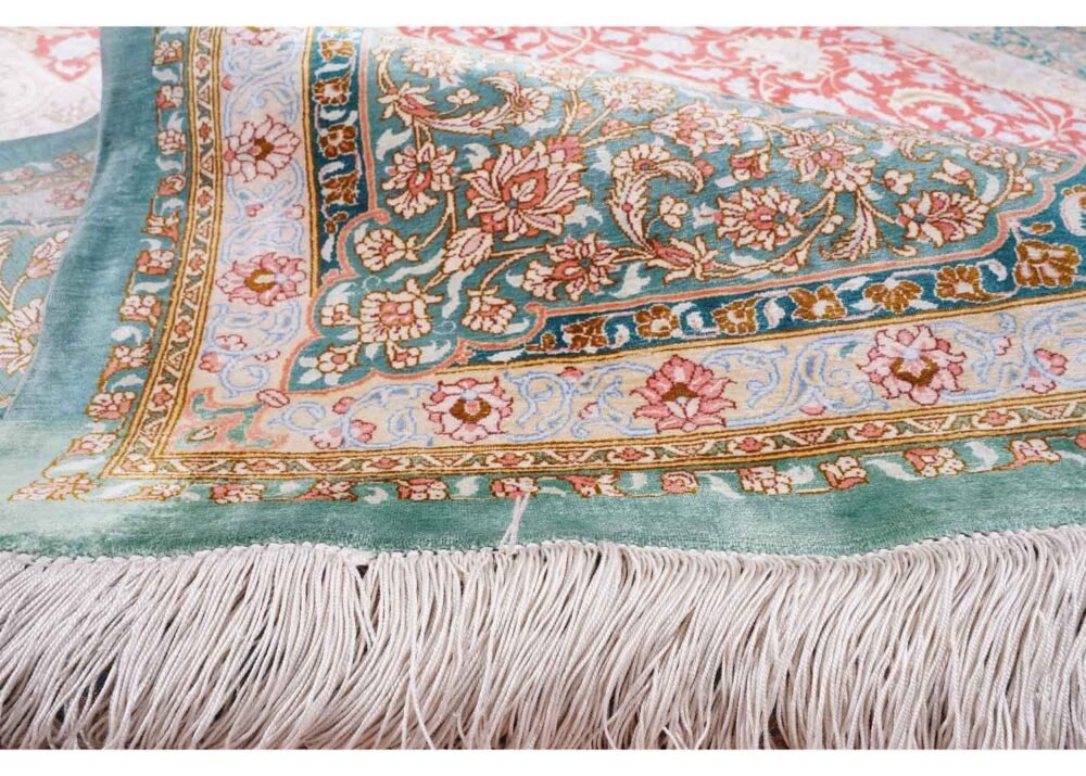 Medallion Green and Red Area Rug 9.7x6.7 ft Bamboo Silk - Rugs 1