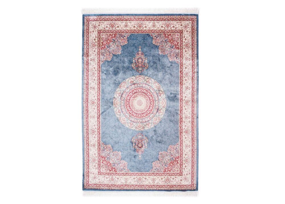 Medallion Washable Rug for Living Room Blue-Beige 4x6 ft Bamboo Silk - Rugs 1