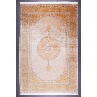 Large Medallion Rug 6.5x9.8 ft Bamboo Silk Rose Gold and Beige - Rugs 1