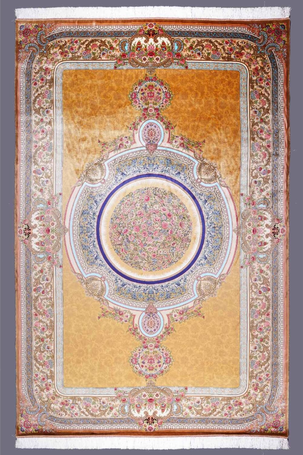 Medallion Silk Area Rug 6.5x9.8 ft Bamboo Silk Gold-Blue Oriental - Rugs 1