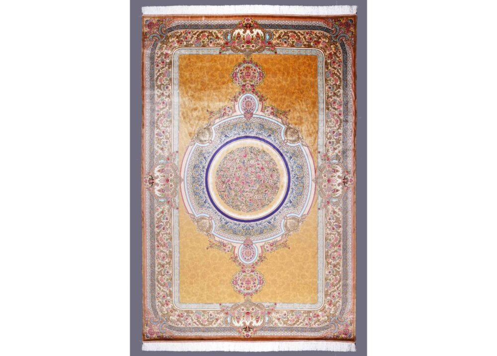 Medallion Silk Area Rug 6.5x9.8 ft Bamboo Silk Gold-Blue Oriental - Rugs 1