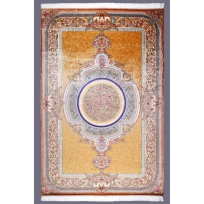 Medallion Silk Area Rug 6.5x9.8 ft Bamboo Silk Gold-Blue Oriental - Rugs 1
