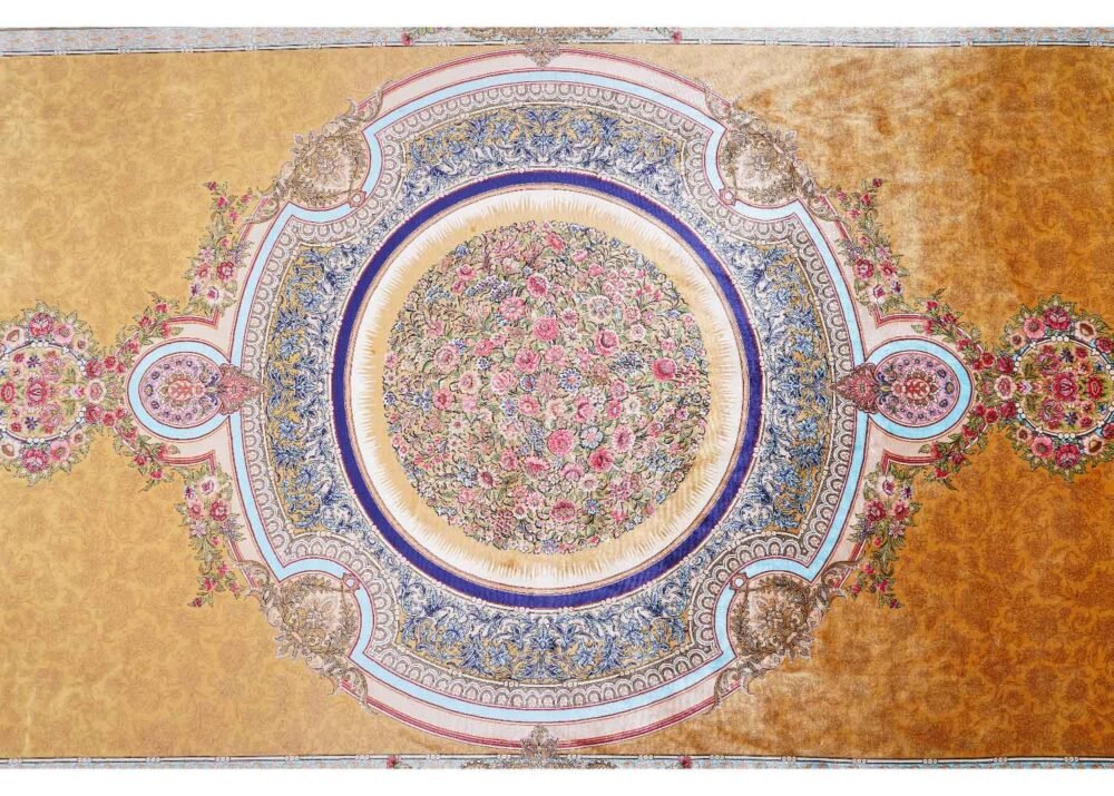 Medallion Silk Area Rug 6.5x9.8 ft Bamboo Silk Gold-Blue Oriental - Rugs 1