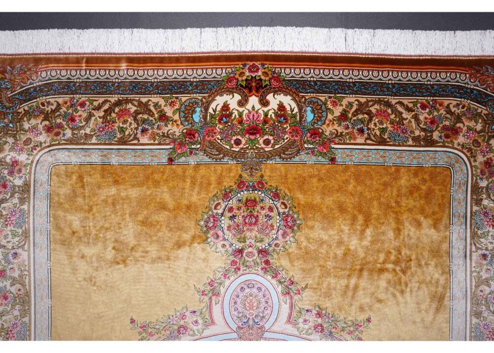 Medallion Silk Area Rug 6.5x9.8 ft Bamboo Silk Gold-Blue Oriental - Rugs 1