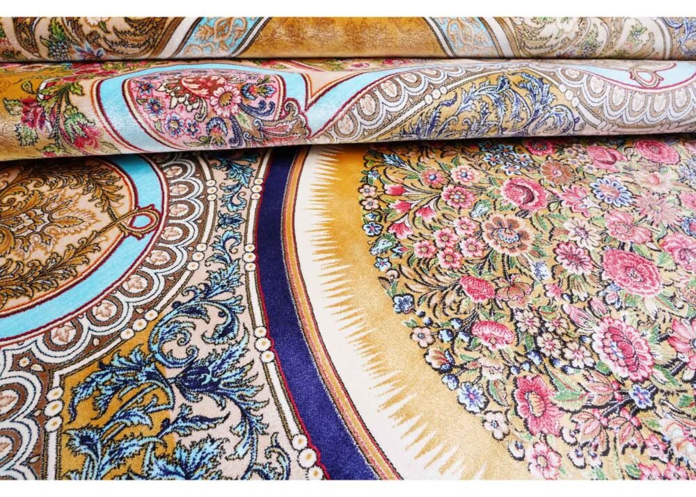 Medallion Silk Area Rug 6.5x9.8 ft Bamboo Silk Gold-Blue Oriental - Rugs 1