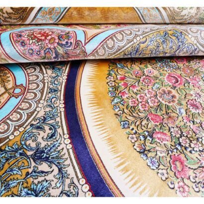Medallion Silk Area Rug 6.5x9.8 ft Bamboo Silk Gold-Blue Oriental - Rugs 1