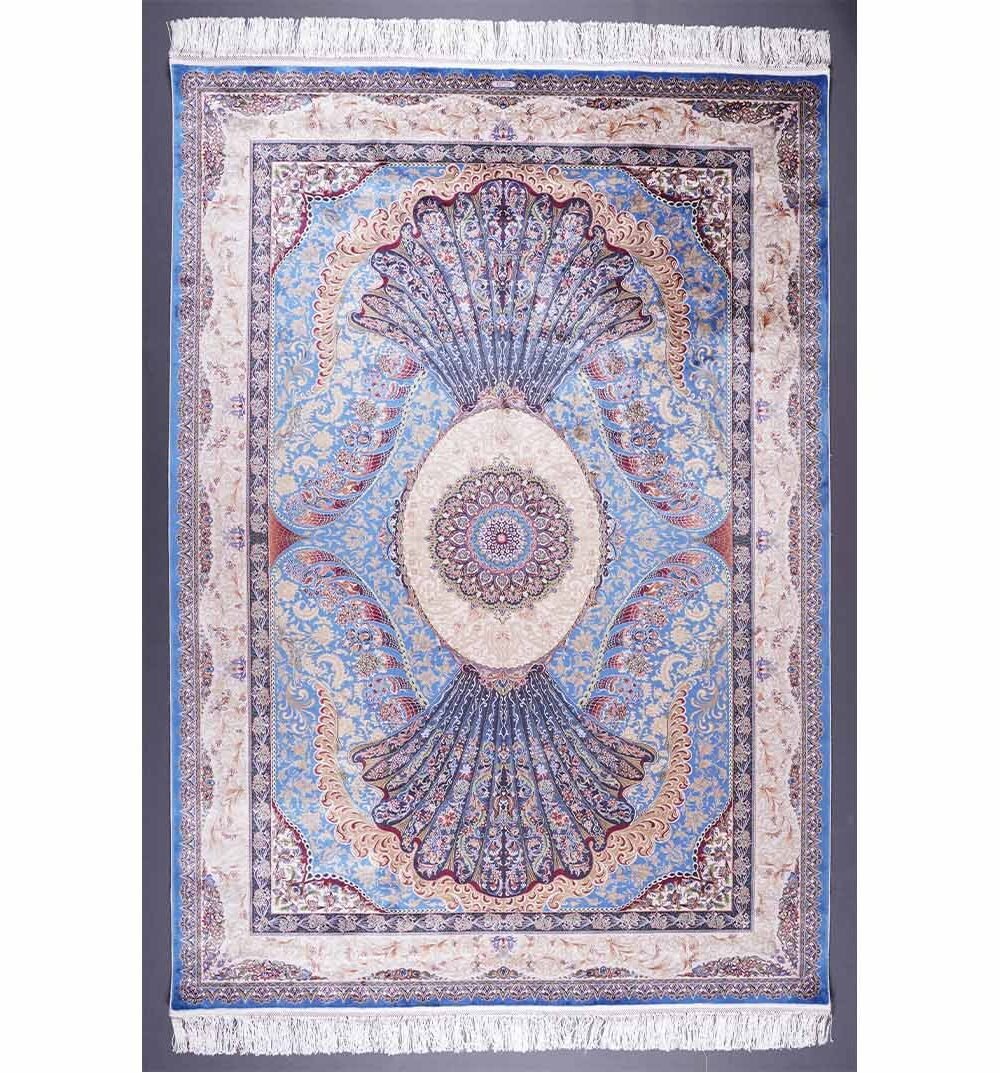 Blue Beige Oriental Rug Silk Medallion 5.2x7.5 ft - Rugs 1