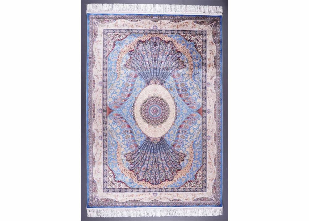 Blue Beige Oriental Rug Silk Medallion 5.2x7.5 ft - Rugs 1