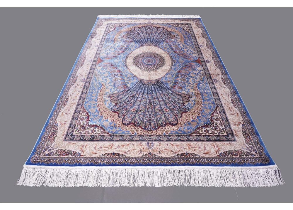 Blue Beige Oriental Rug Silk Medallion 5.2x7.5 ft - Rugs 1