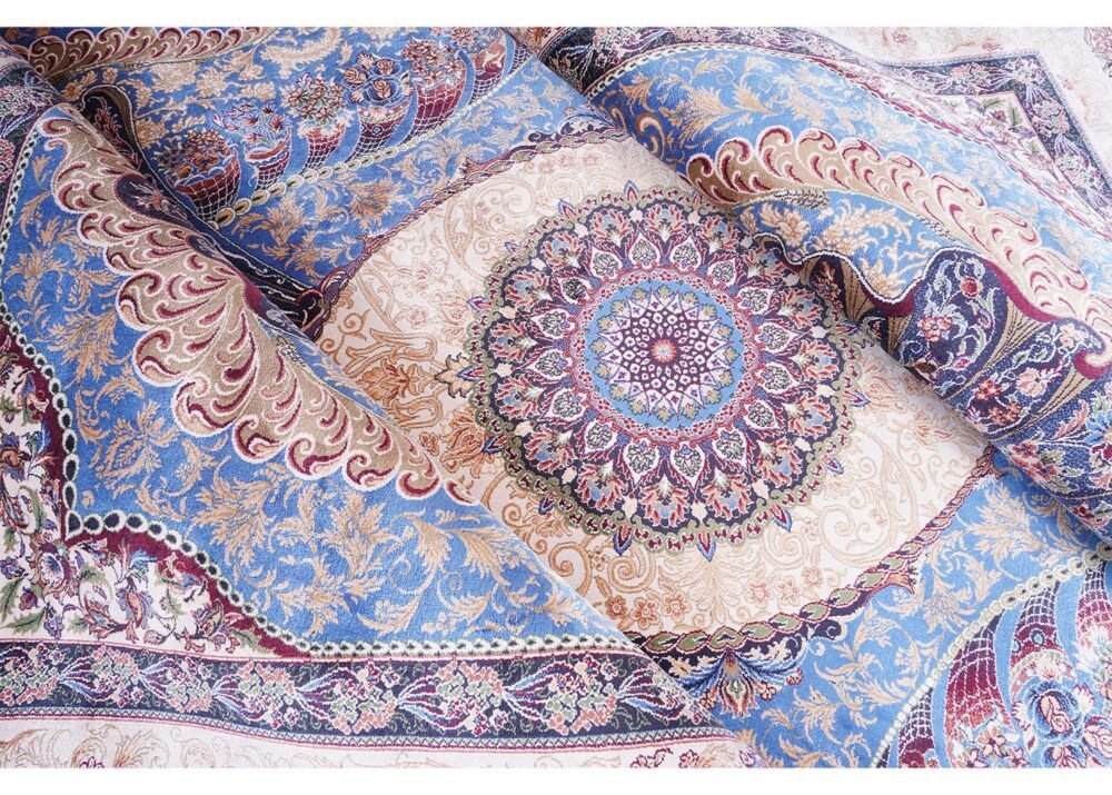 Blue Beige Oriental Rug Silk Medallion 5.2x7.5 ft - Rugs 1
