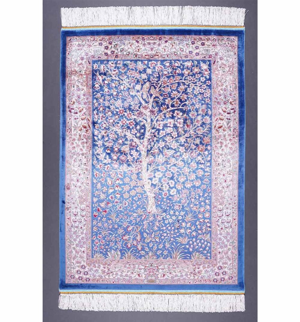 Blue Beige Rug Small Medallion 2.6x3.9 ft Bamboo Silk - Rugs 1