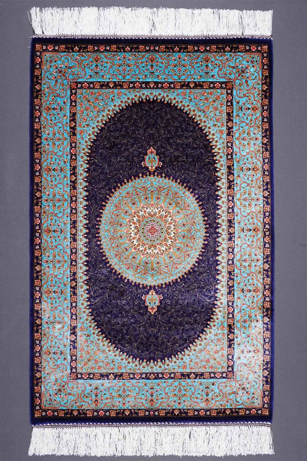 Blue Orange Area Rug Bamboo-Silk 1.9x2.9 ft Medallion - Rugs 1