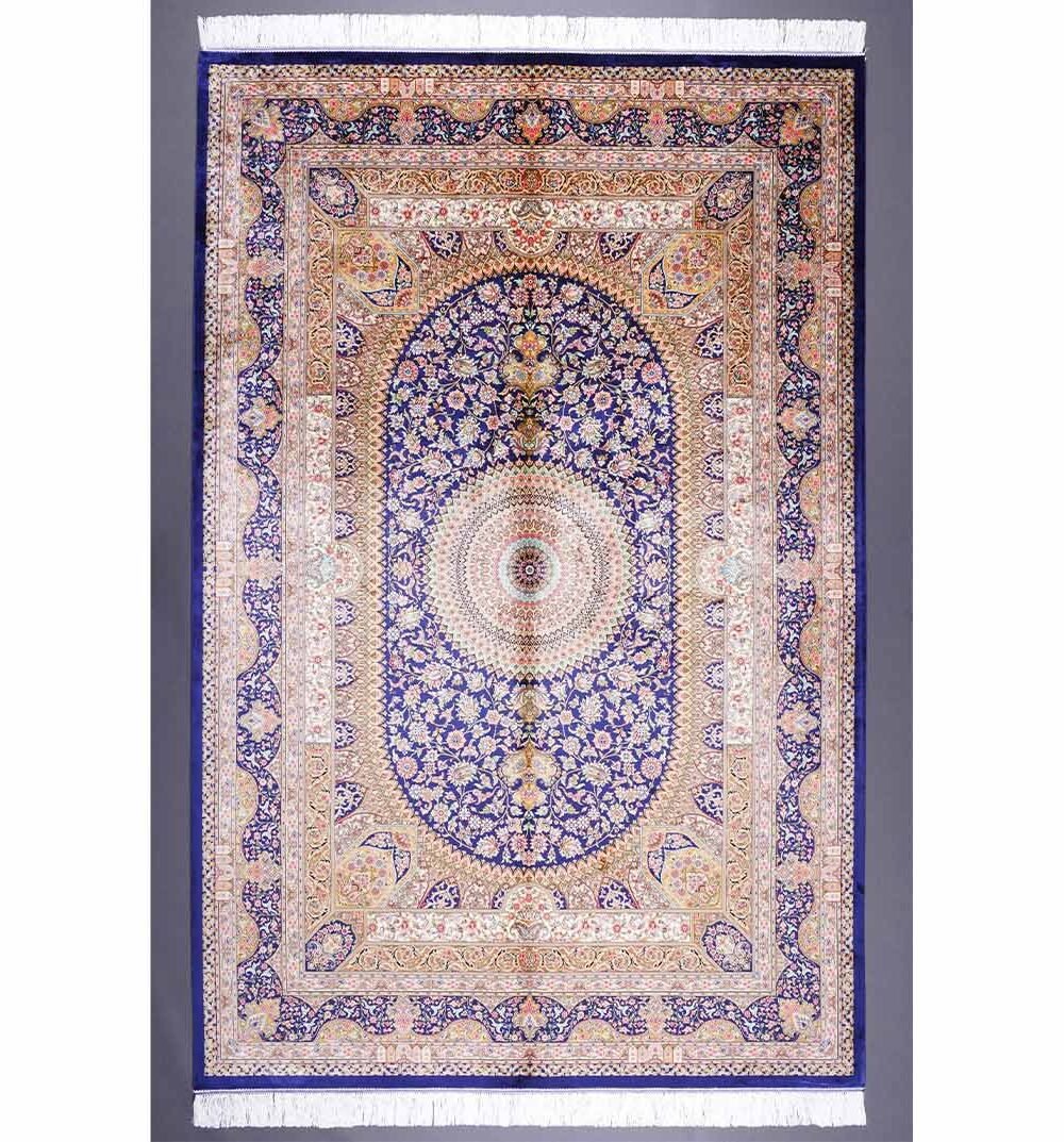 Blue and Gold Rug 4.9x7.3 ft Medallion Silk-Bamboo - Rugs 1
