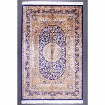 Blue and Gold Rug 4.9x7.3 ft Medallion Silk-Bamboo - Rugs 1