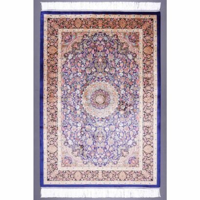 Brown Blue Rugs for Living Room Silk Medallion 4.9x3.2 ft - Rugs 1